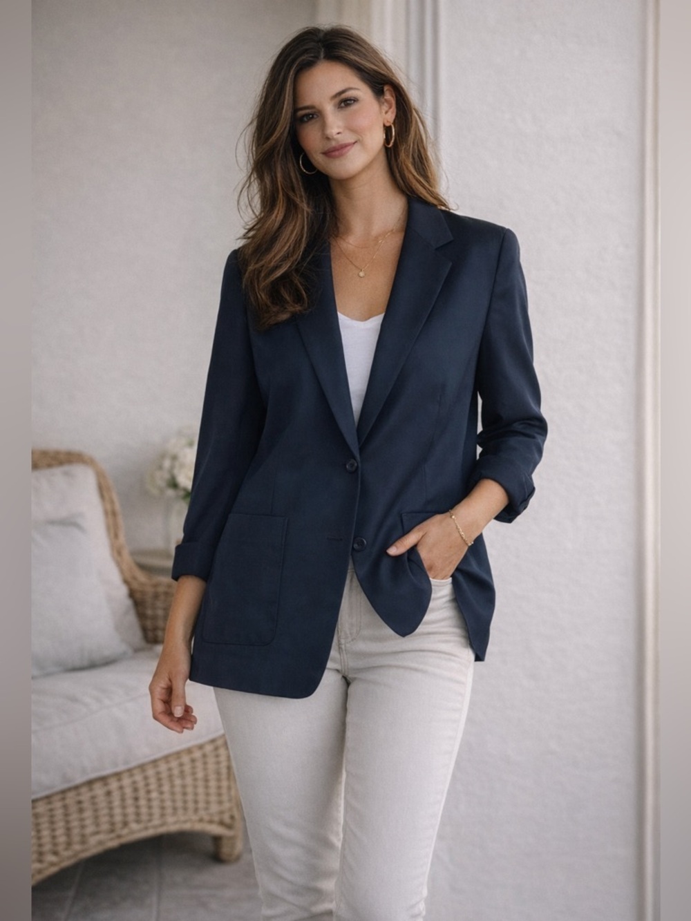 Vintage Lauren Ralph Lauren Silk Blazer Navy Relaxed Fit Patch Pocket Size 8 M